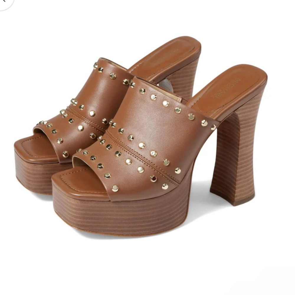 Michael Kors Jagger Leather Platform Studded Heeled Mules Luggage size 7 M New